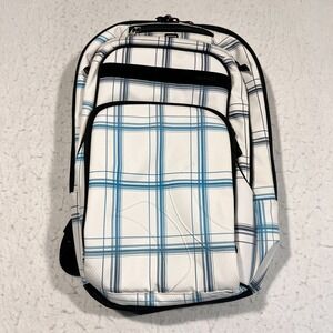 Hurley Backpack Blue White Plaid Logo Adjustable Straps Pockets Zip Closure